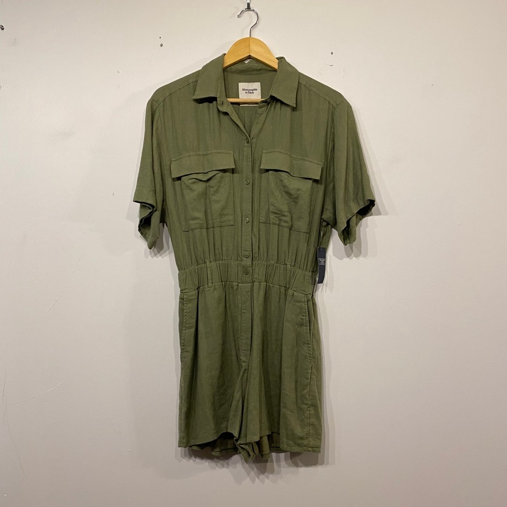 Abercrombie & Fitch Olive Green Linen Blend Utility Romper Short Sleeve ST
